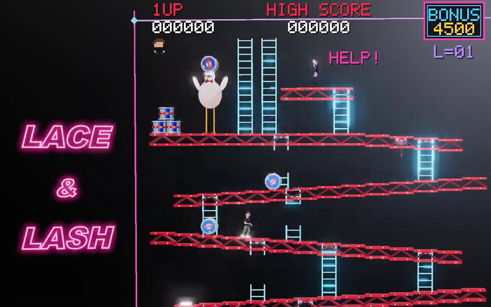 A giant white chicken throws barrels down pink girders and glowing cyan ladders while Nic climbs toward the lady calling HELP at the top.