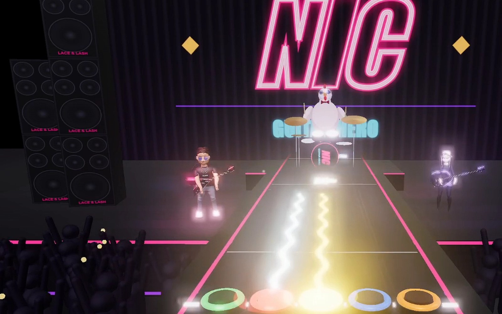 A neon pink NIC sign glows over a dark stage where Nic plays guitar, a chicken plays drums and a goth girl plays bass above a glowing five-lane note highway.