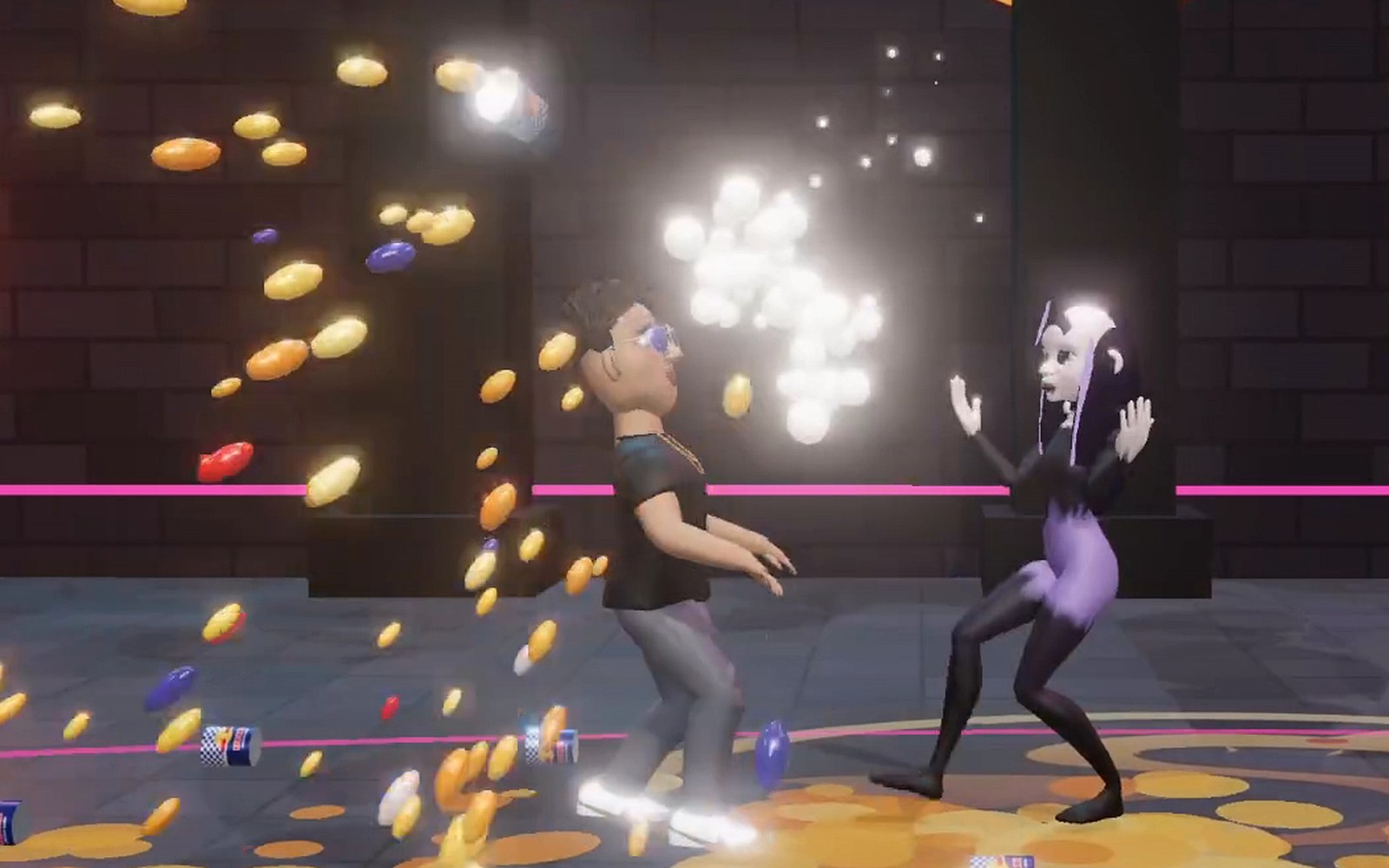 Nic trades blows with Raven, the goth girl fighter, in a stone arena as gold coins and a white burst of light explode around them.