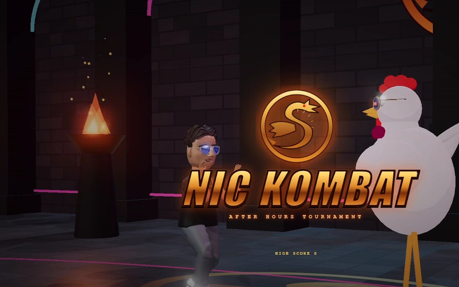 The gold NIC KOMBAT After Hours Tournament title glows between Nic and the giant chicken Clucky Chuck in a torch-lit stone arena.