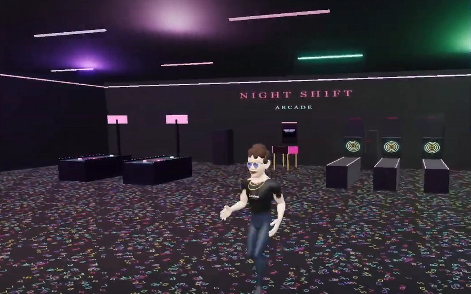 The Nic avatar walks across a confetti-speckled carpet in the Night Shift Arcade, with air hockey tables, a pinball machine and skee-ball lanes under neon ceiling lights.