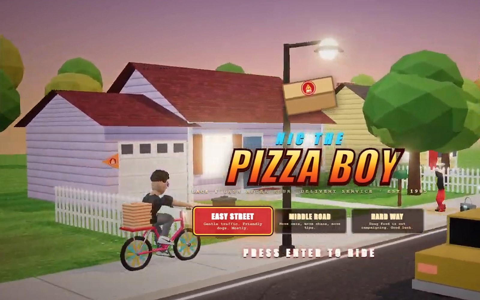 Nic rides a BMX with a stack of pizza boxes past a suburban house on the Pizza Boy title screen, with Easy Street, Middle Road and Hard Way routes to pick.