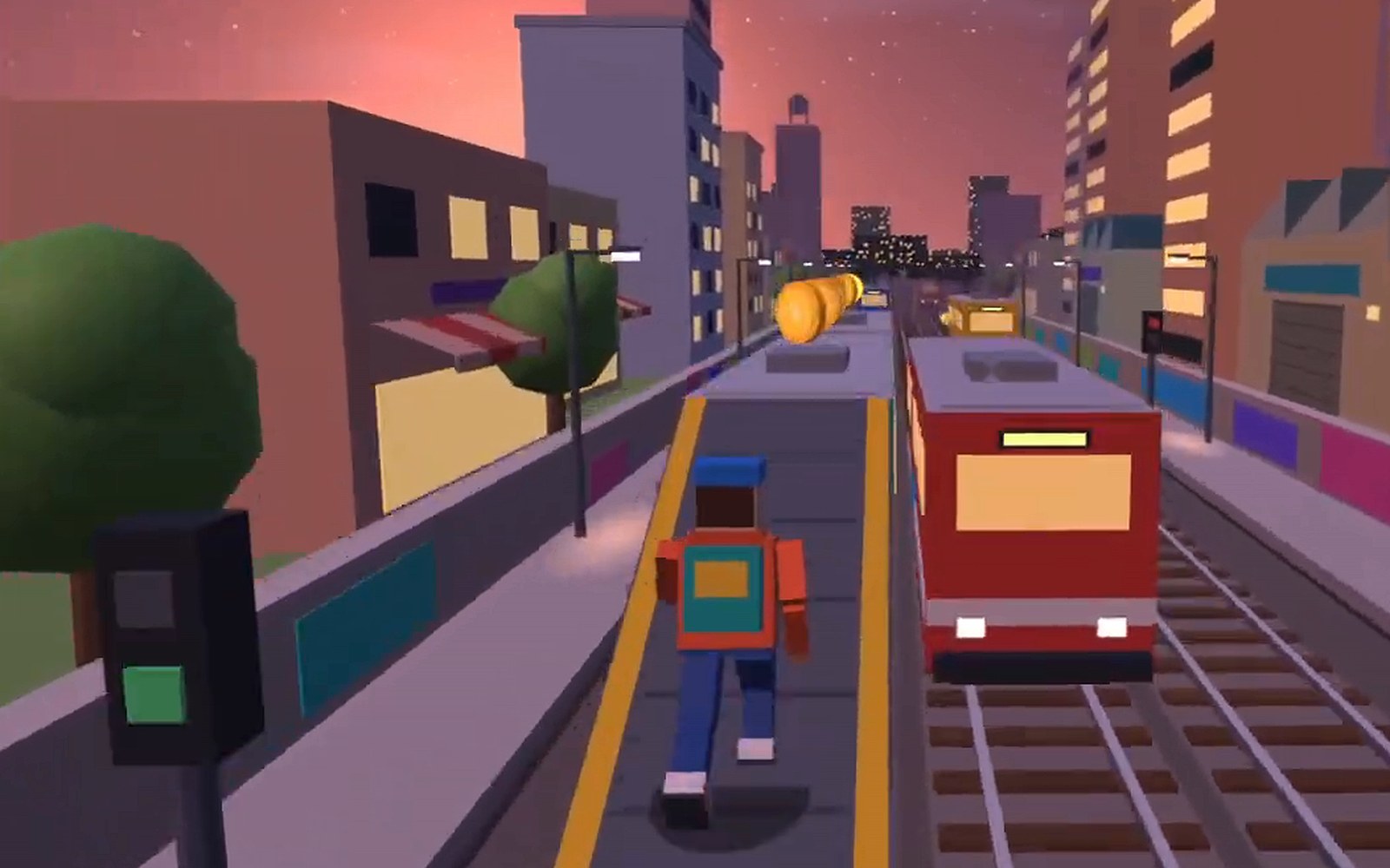 A blocky runner sprints along a train roof toward a trail of gold coins as a red train rolls alongside through a sunset city.