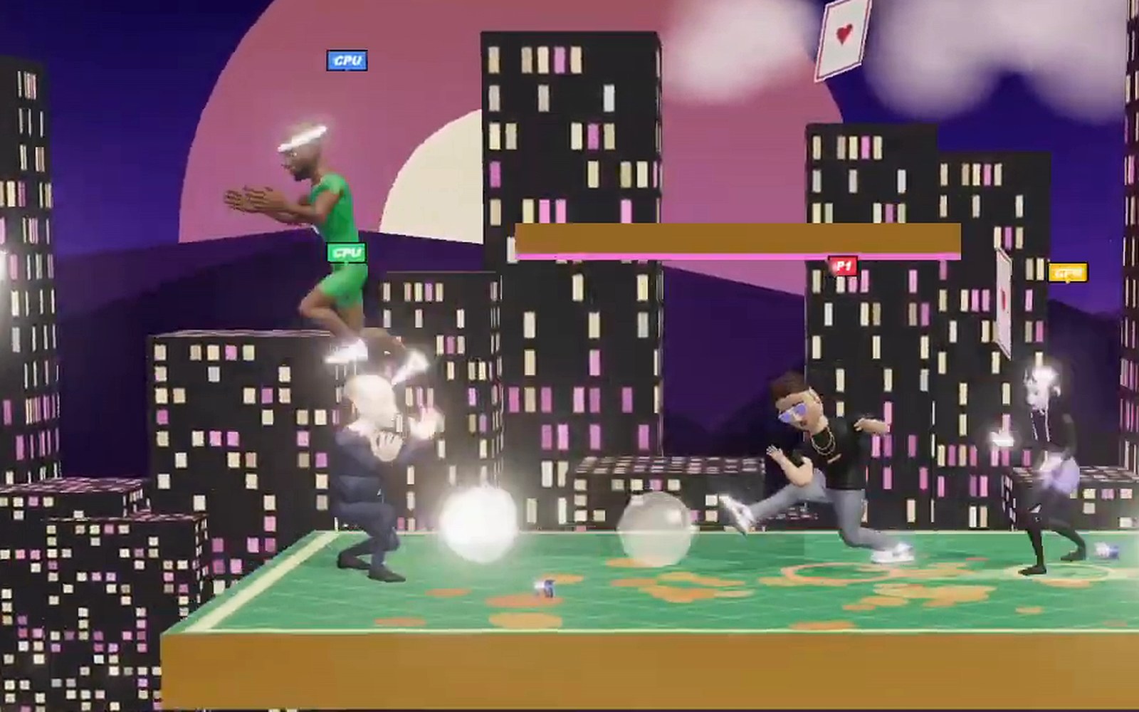 Four fighters, including Nic, brawl on a green floating stage in front of a purple night city skyline and a huge pink moon.