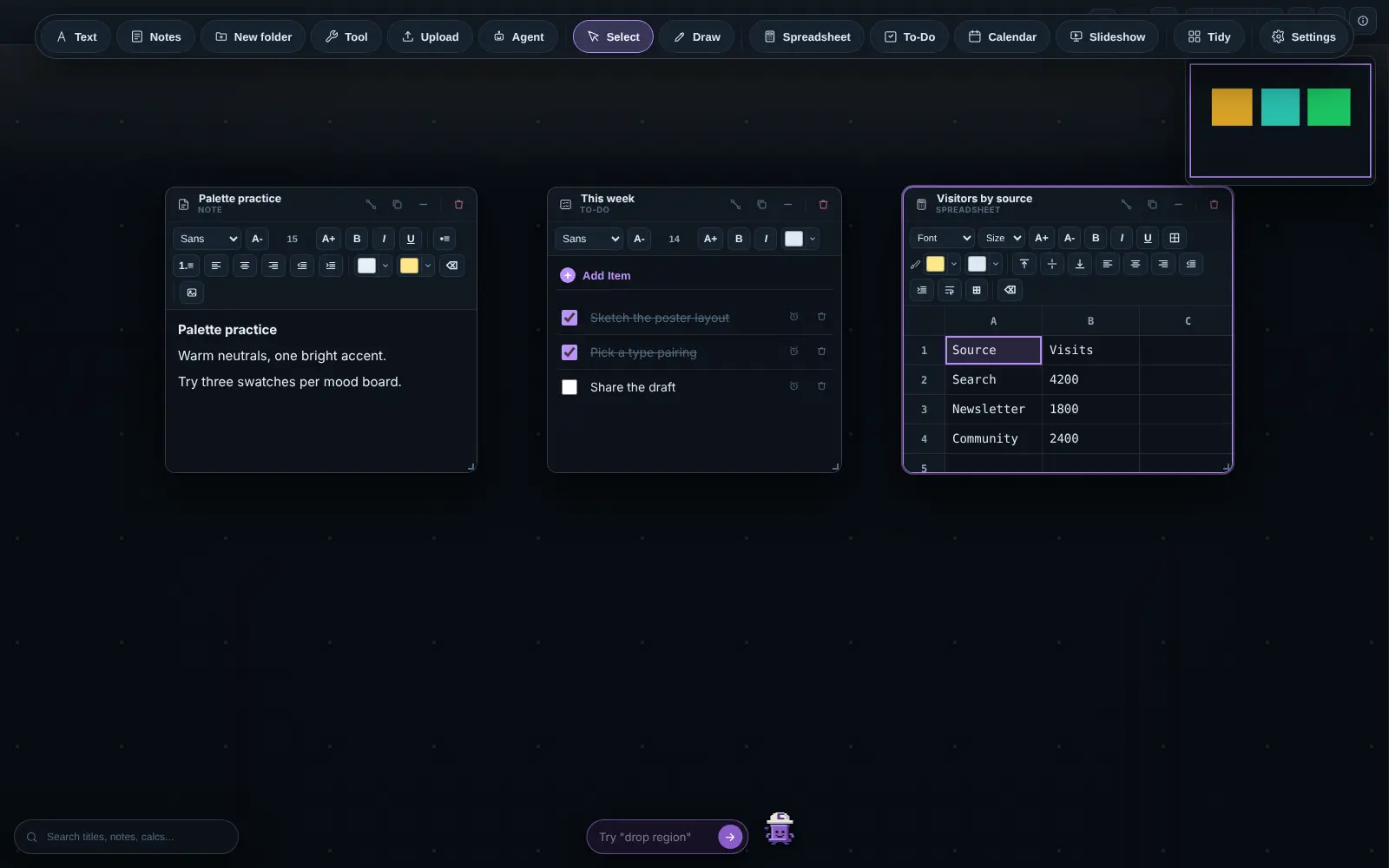 The CoLateral Project Canvas in July 2026 in its dark theme with a purple accent: a floating dock of rounded buttons along the top, a note titled Palette practice, a to-do card and a spreadsheet card, and a small overview map in the top right corner
