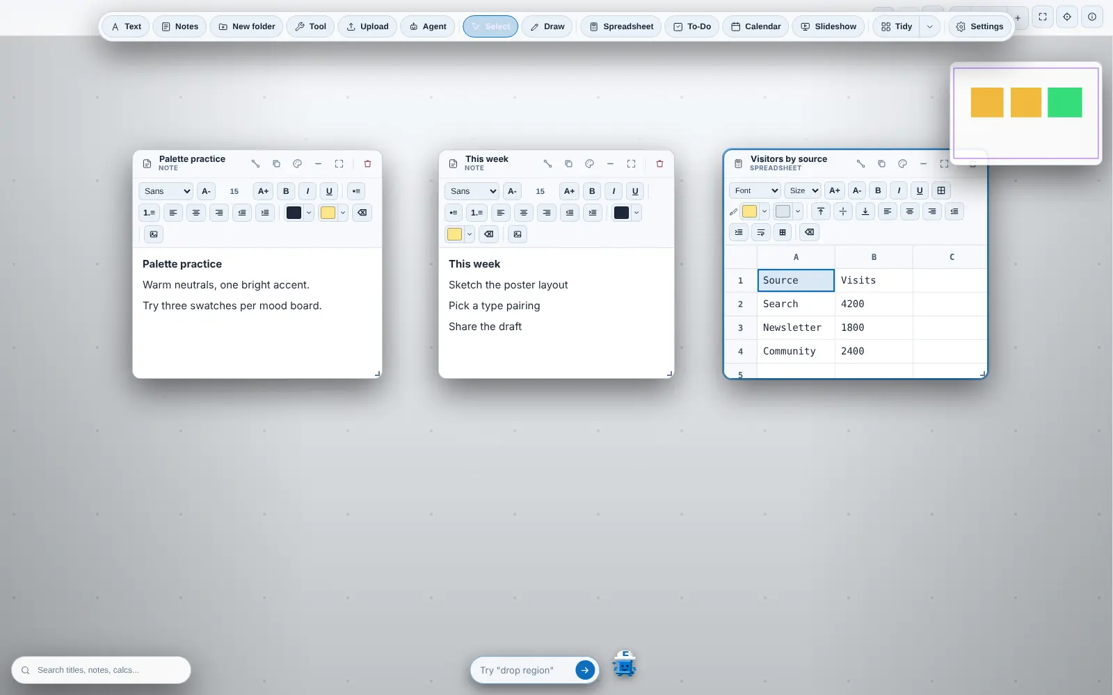 The CoLateral Project Canvas in mid-July 2026 in its light Office Blue theme: a pale grey-blue backdrop, a floating dock of white pill buttons, and three white cards, two notes and a spreadsheet, with a small overview map at the top right