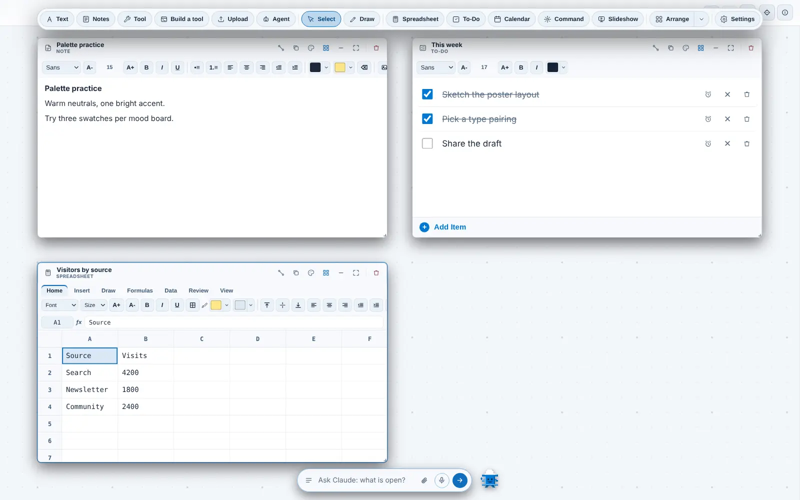 The CoLateral Project Canvas in August 2026: a floating dock along the top and a page of four equal slots holding a note, a to-do card and a spreadsheet card, with the fourth slot left empty