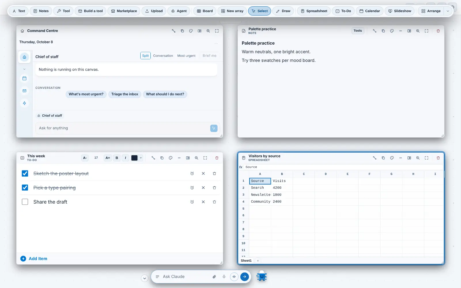 The CoLateral Project Canvas in September 2026 in four slots: a Command Centre card with a Chief of staff conversation, a note, a to-do card and a spreadsheet card, under a single row of dock buttons that now includes Marketplace