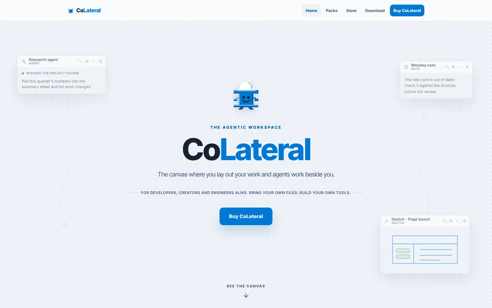 The CoLateral website home page in September 2026: the Beam Buddy mascot above the wordmark CoLateral, the line The agentic workspace, a Buy CoLateral button, and faded example cards for an agent, a note and a sketch floating around the heading