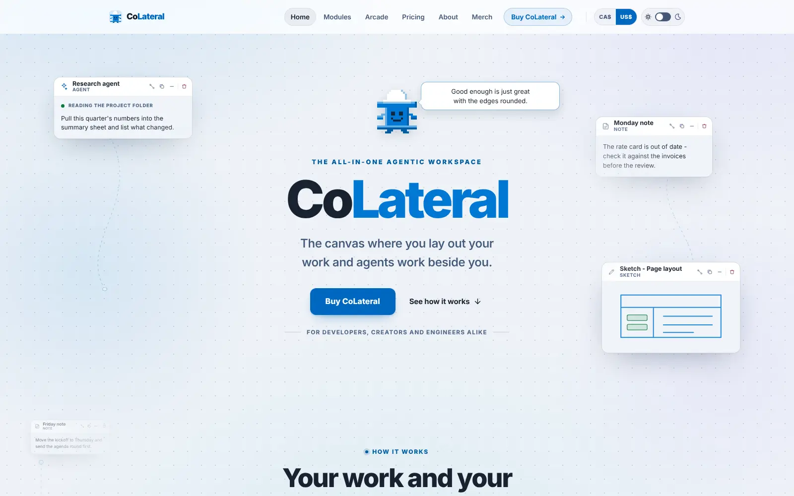 The CoLateral website home page in October 2026: a navigation bar with Home, Modules, Arcade, Pricing, About, Merch and Buy CoLateral, a currency switch and a light and dark theme toggle, the Beam Buddy mascot with a speech bubble, the line The all-in-one agentic workspace, and floating example cards
