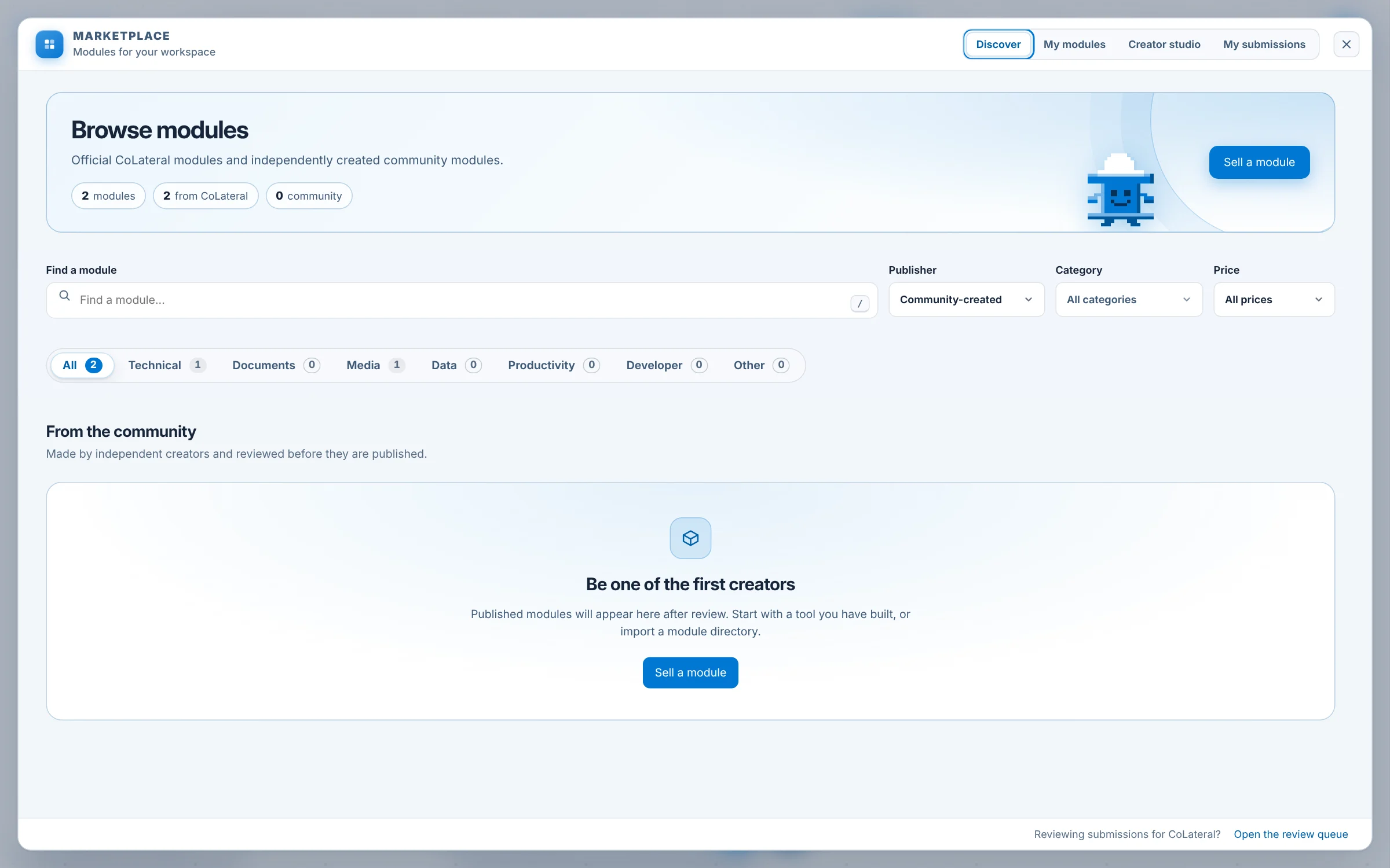The CoLateral Marketplace Discover tab filtered to Community-created modules: a Browse modules banner with a Sell a module button, search, Publisher, Category and Price filters, category tabs, and a From the community shelf inviting people to be one of the first creators