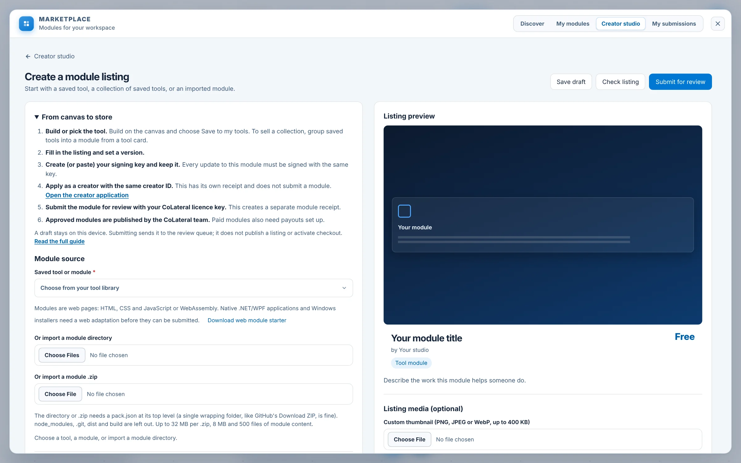 The Create a module listing screen in CoLateral Creator studio: the six-step From canvas to store checklist and Module source options on the left, a live Listing preview on the right, and Save draft, Check listing and Submit for review buttons
