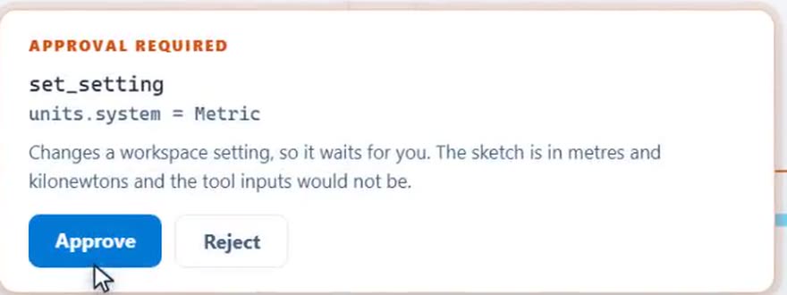 An Approval required card for set_setting, units.system set to Metric, with Approve and Reject buttons, beside the orchestrator log that called it.