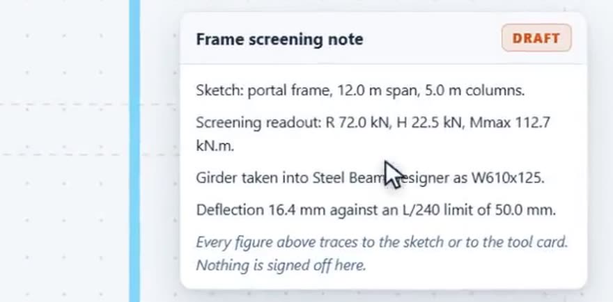 A Frame screening note card marked Draft, listing the portal frame span, the screening readout, the girder section and the deflection.