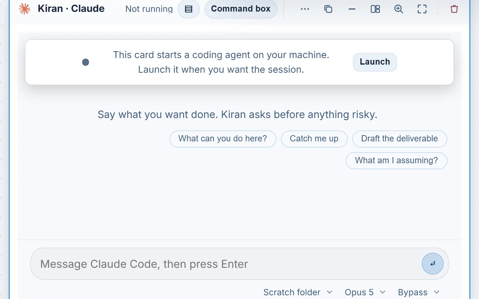 A CoLateral agent card for Claude Code with a Launch button, suggested prompts, a message box and model and folder controls, using an invented agent name