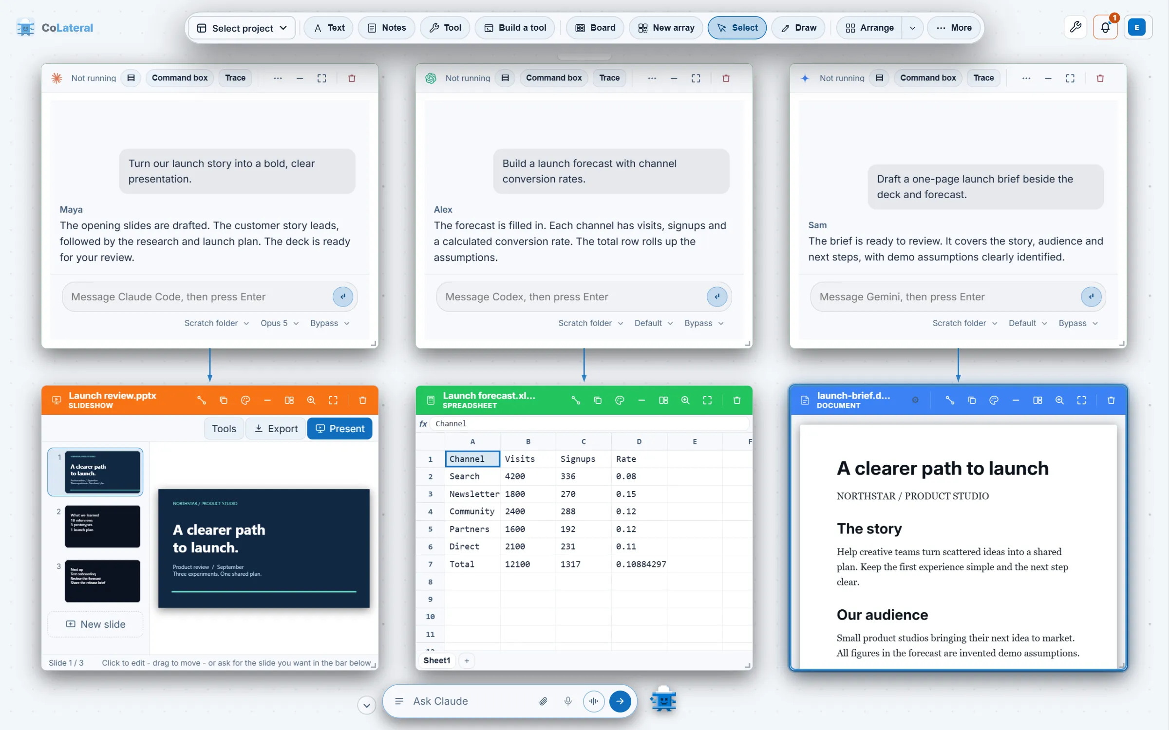 CoLateral workspace with agent cards beside a presentation, spreadsheet and document