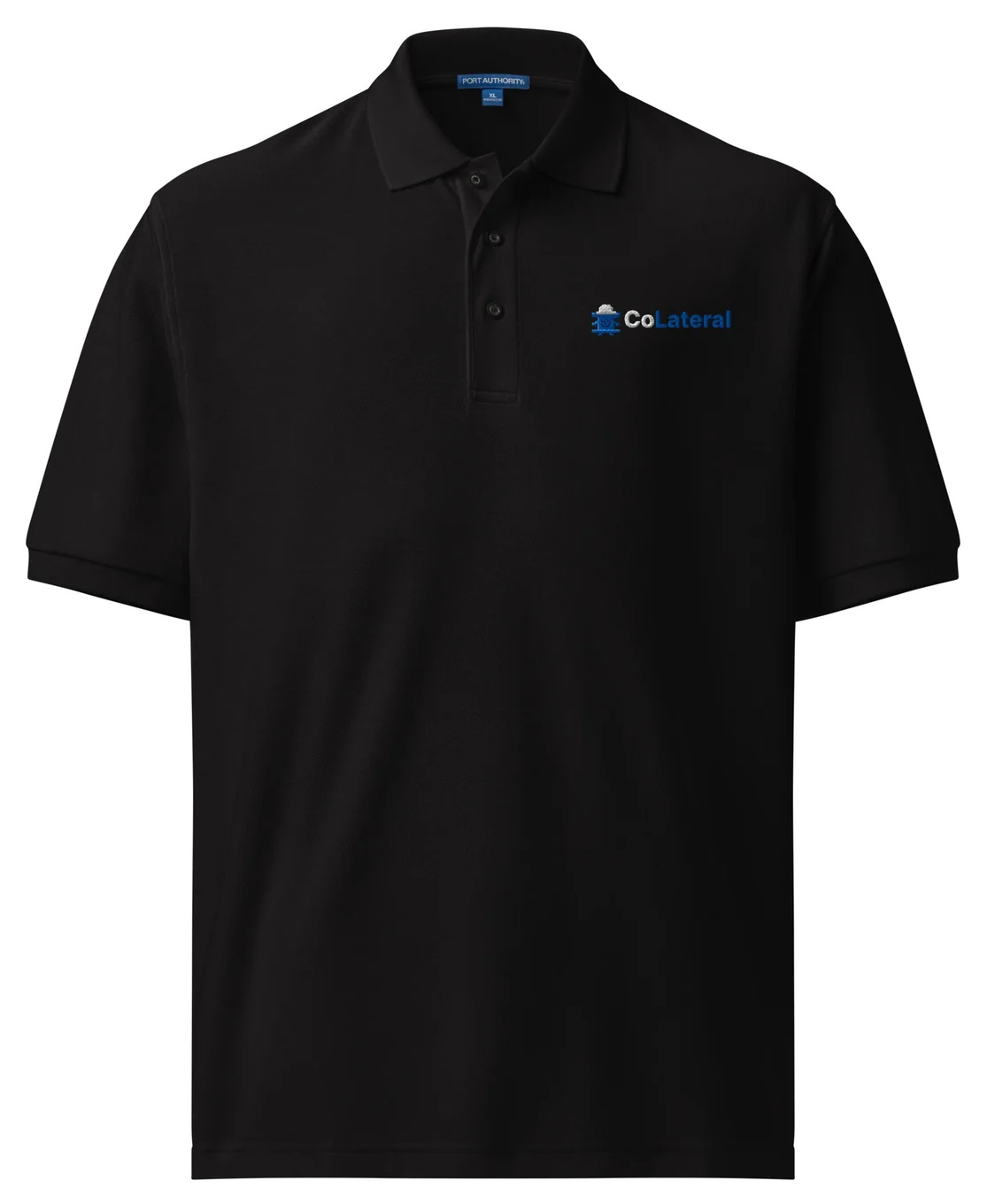 Black CoLateral Beam Buddy Polo, front, with Beam Buddy and the CoLateral wordmark embroidered on the left chest