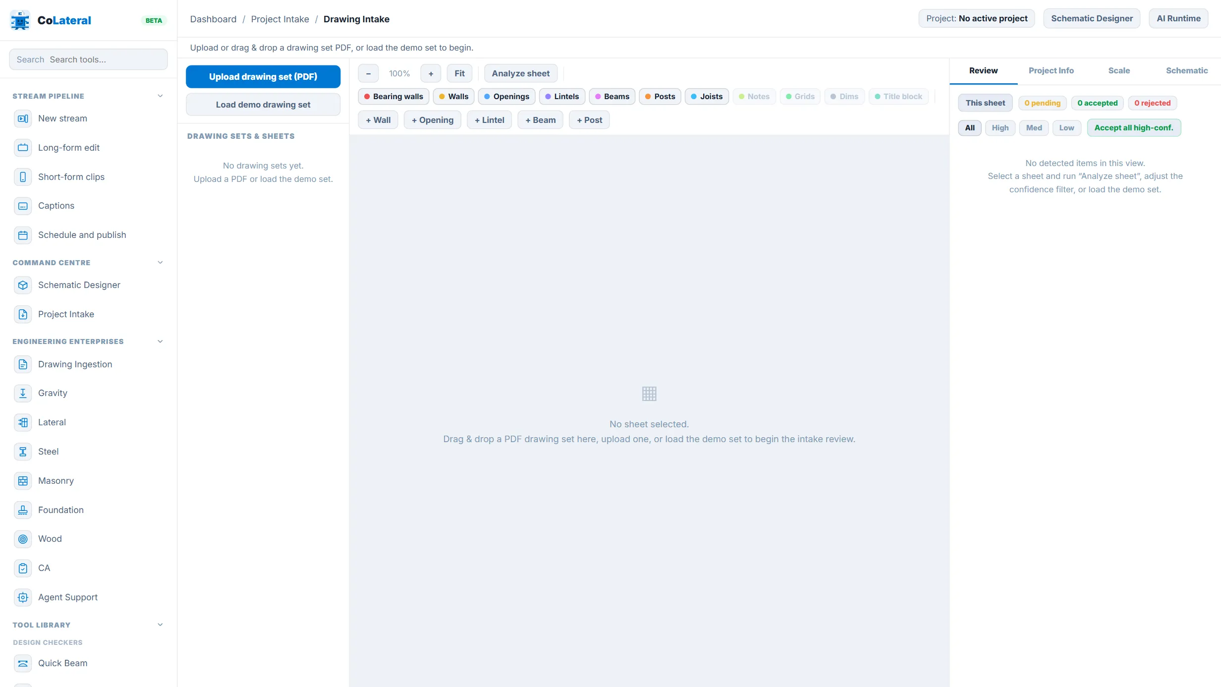 Drawing Intake (AI) running in the CoLateral workspace